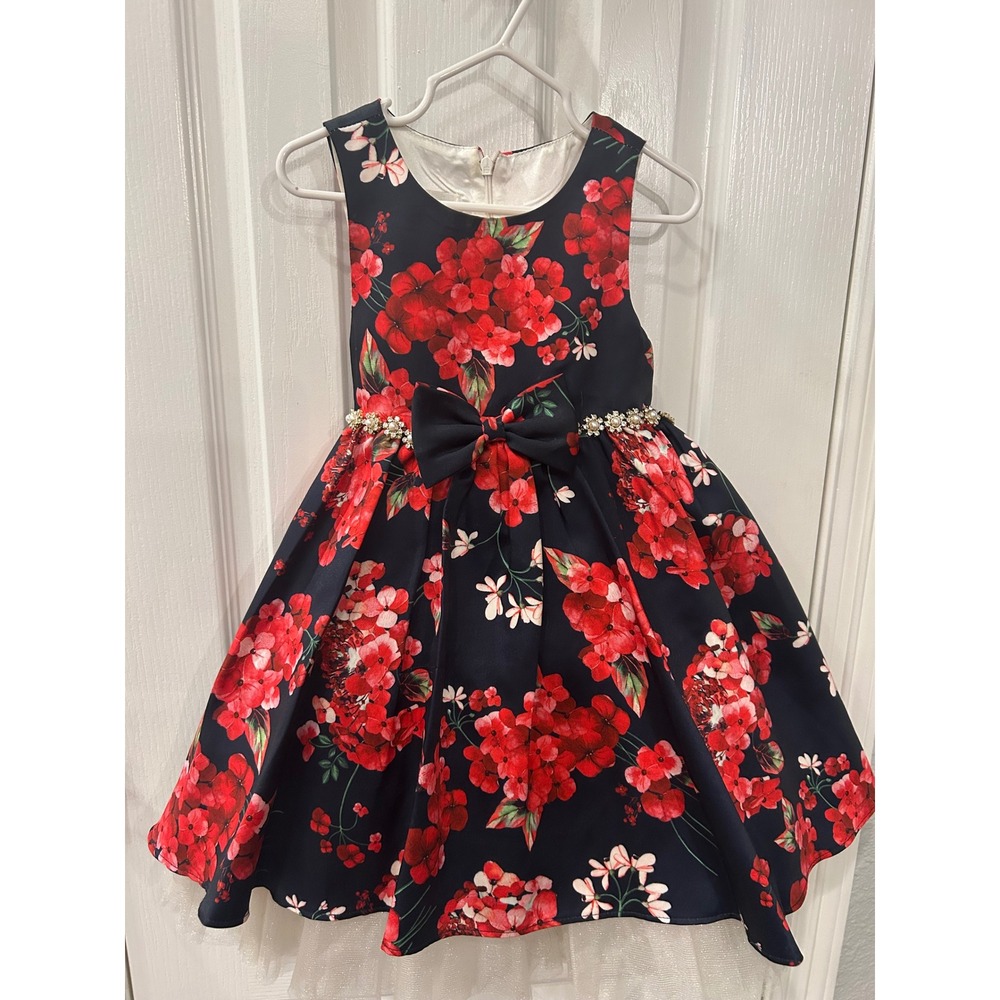 Couture Princess Party Dress Navy Red Floral Pearl Bow Tulle Hem Girls Size 4